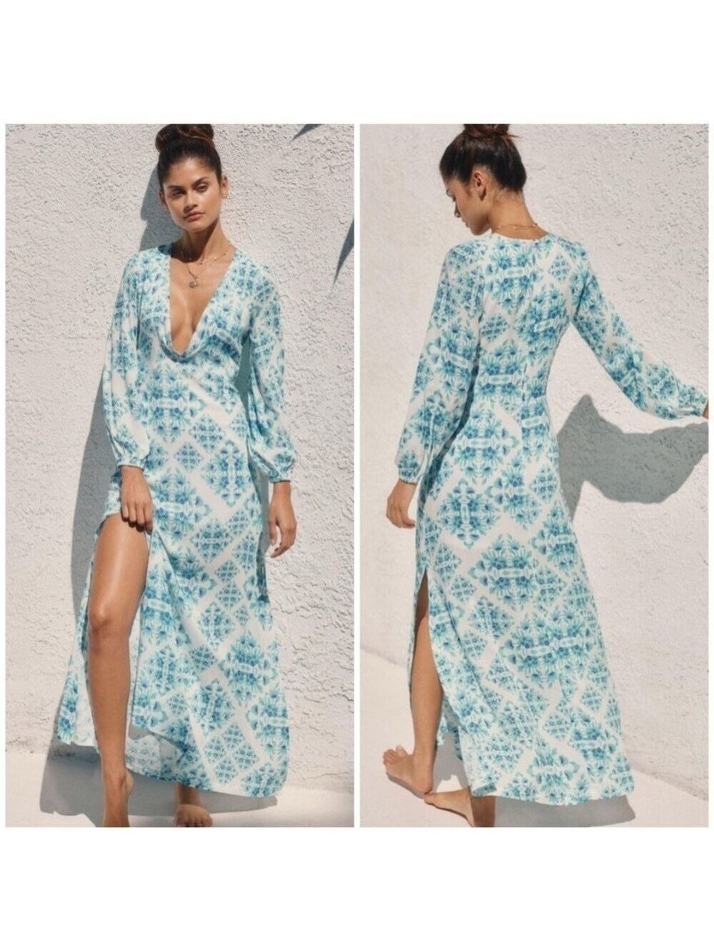Luli Fama Ready To Wear Deep V Neckline Maxi Dress in Aqua